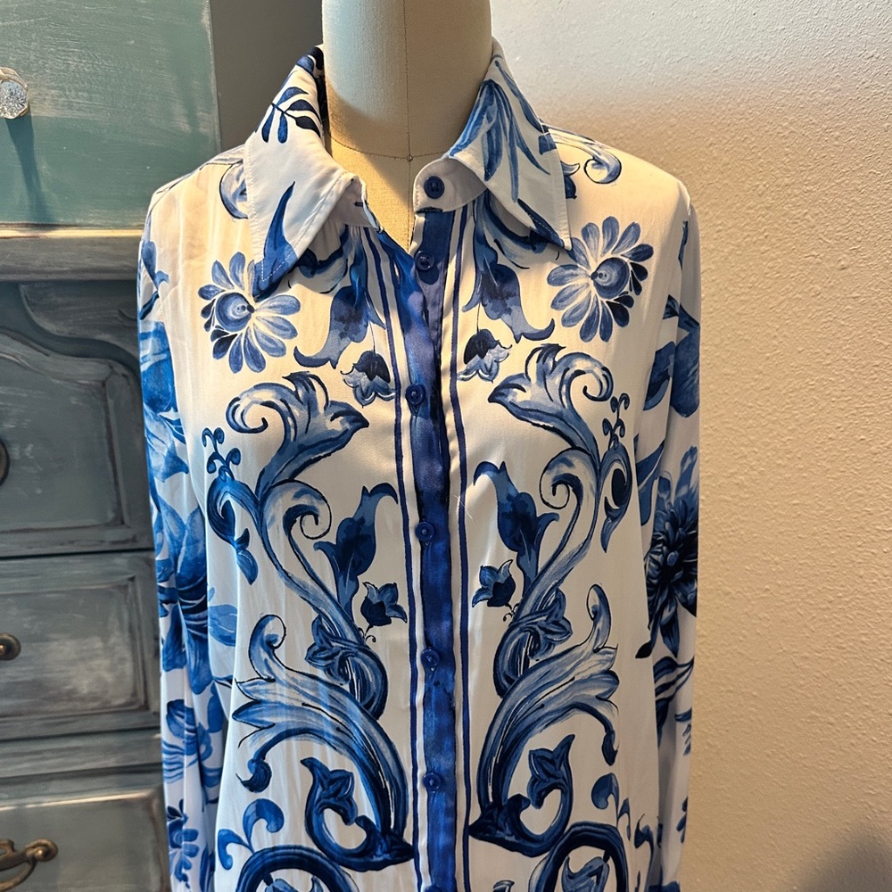 Rachel Zoe Silky Royal/Cream Baroque Floral Print Blouse - Picture 3 of 6